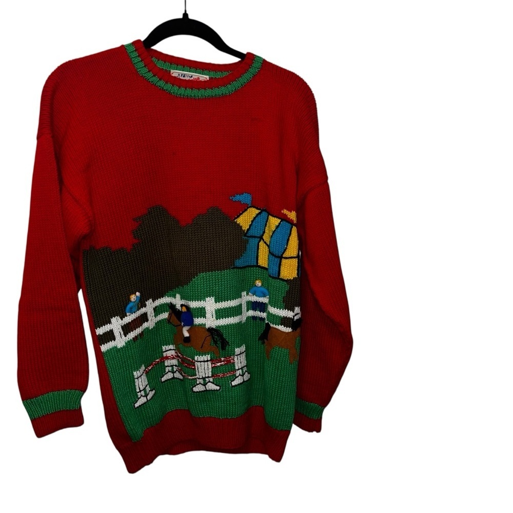 Vintage 100% cotton salsa sweater made in Peru horse jockey 3d large L red retro - Picture 1 of 8